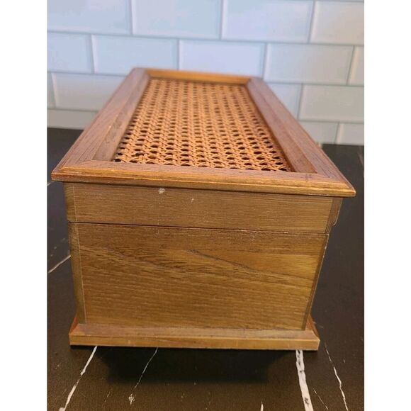 Vintage Mele Wooden Jewelry Dresser Music Box Cane Top Chest Boho Décor *FLAW* - Picture 9 of 16